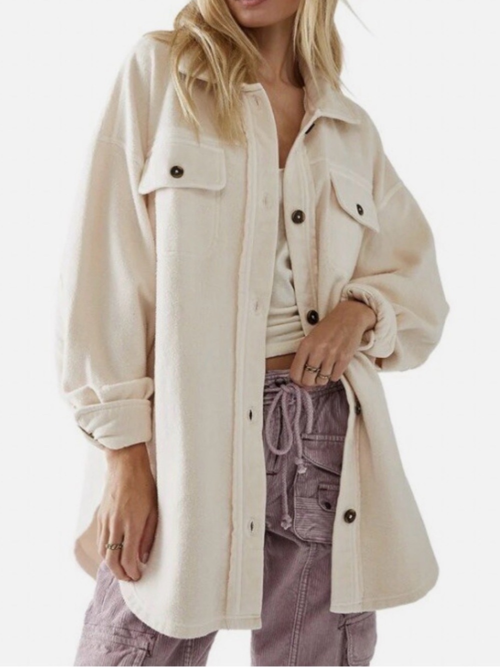 Free People Cream Oversized Button-Front Fleece Ruby Shacket (Shirt Jacket)